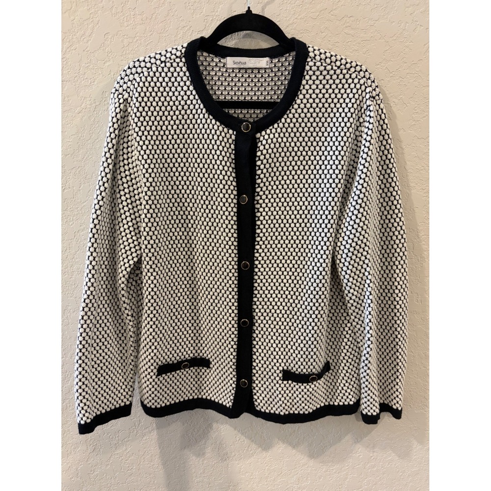 Skovhuus Denmark Black White Honeycomb Knit Button Cardigan Sweater XXL